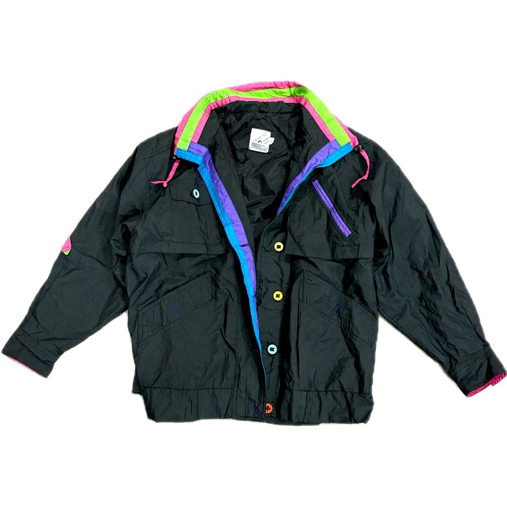 Vintage Reaching High Windbreaker Ski Jacket Black & Neon Multicolor